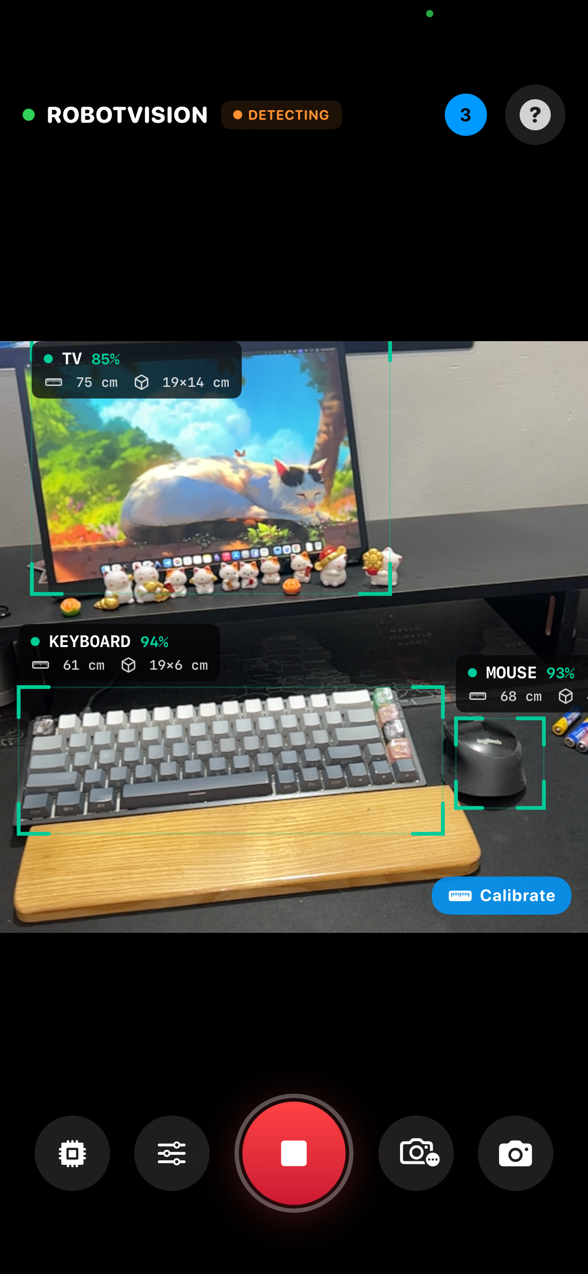 RobotVision iOS Application Screenshot showing bounding boxes and ARKit camera interface